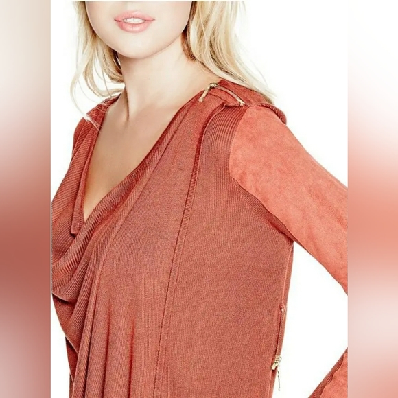 GUESS Anisa Faux Suede Sleeve Drape Sweater (Pullover Coverup Cardigan) - Picture 3 of 8